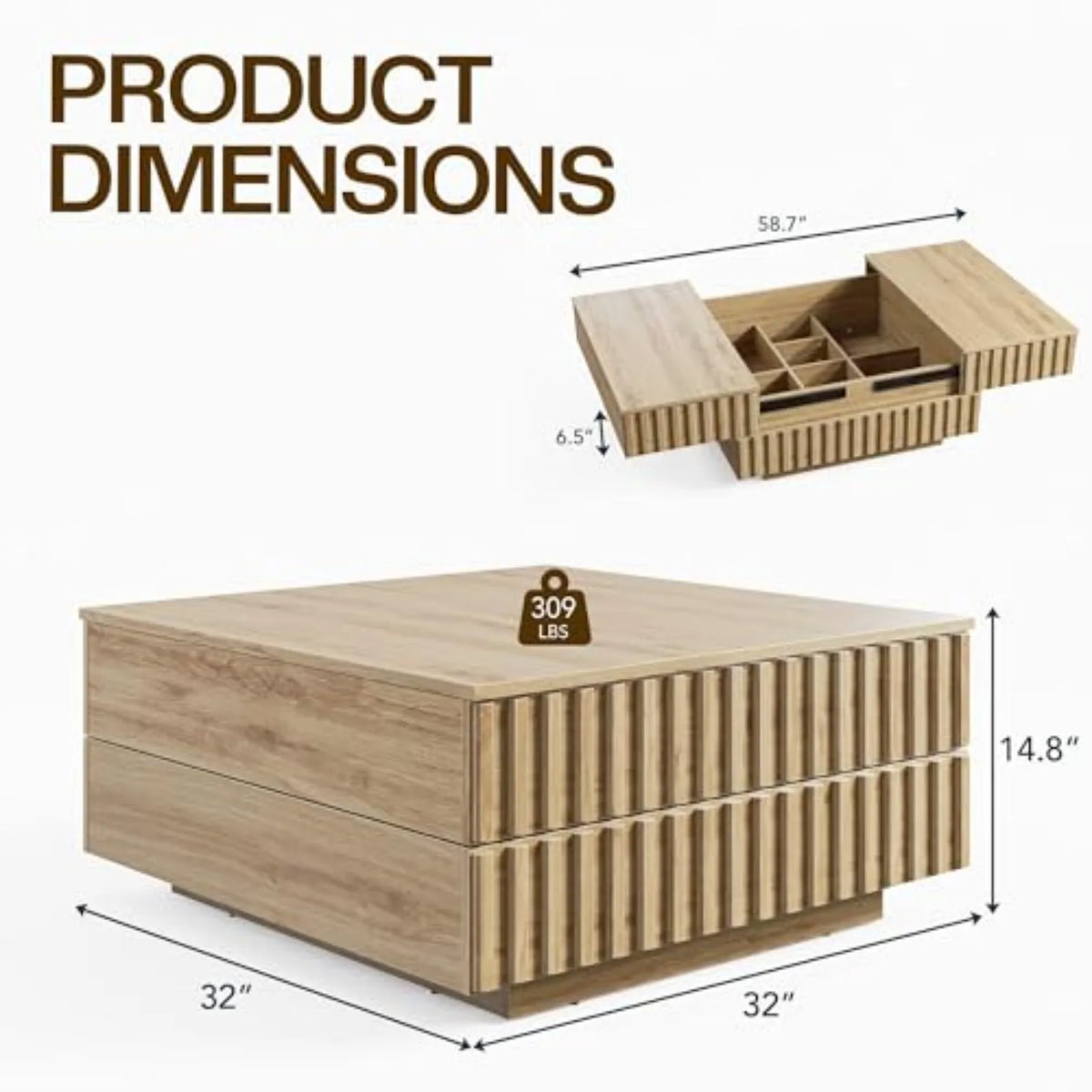 Oak fluted square coffee table with sliding top — side angle