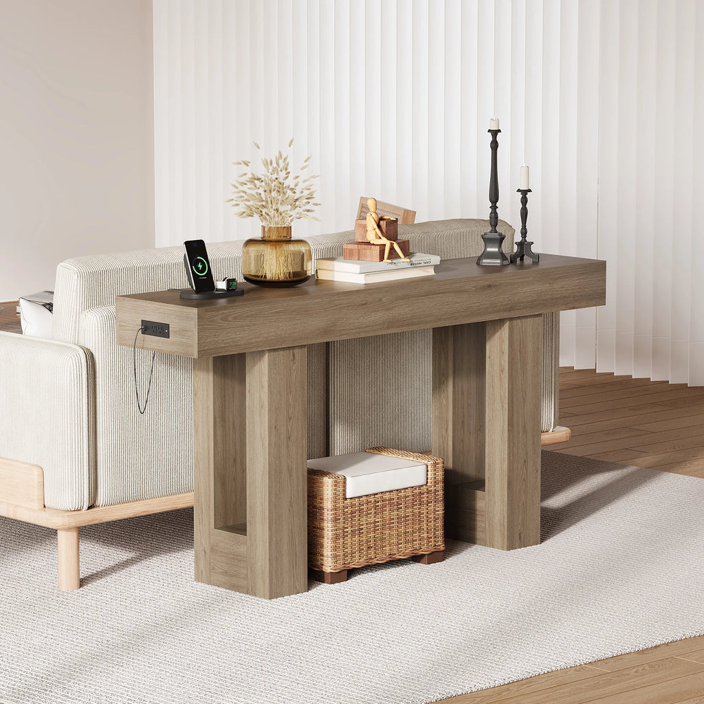 Farmhouse console table with built-in power outlet