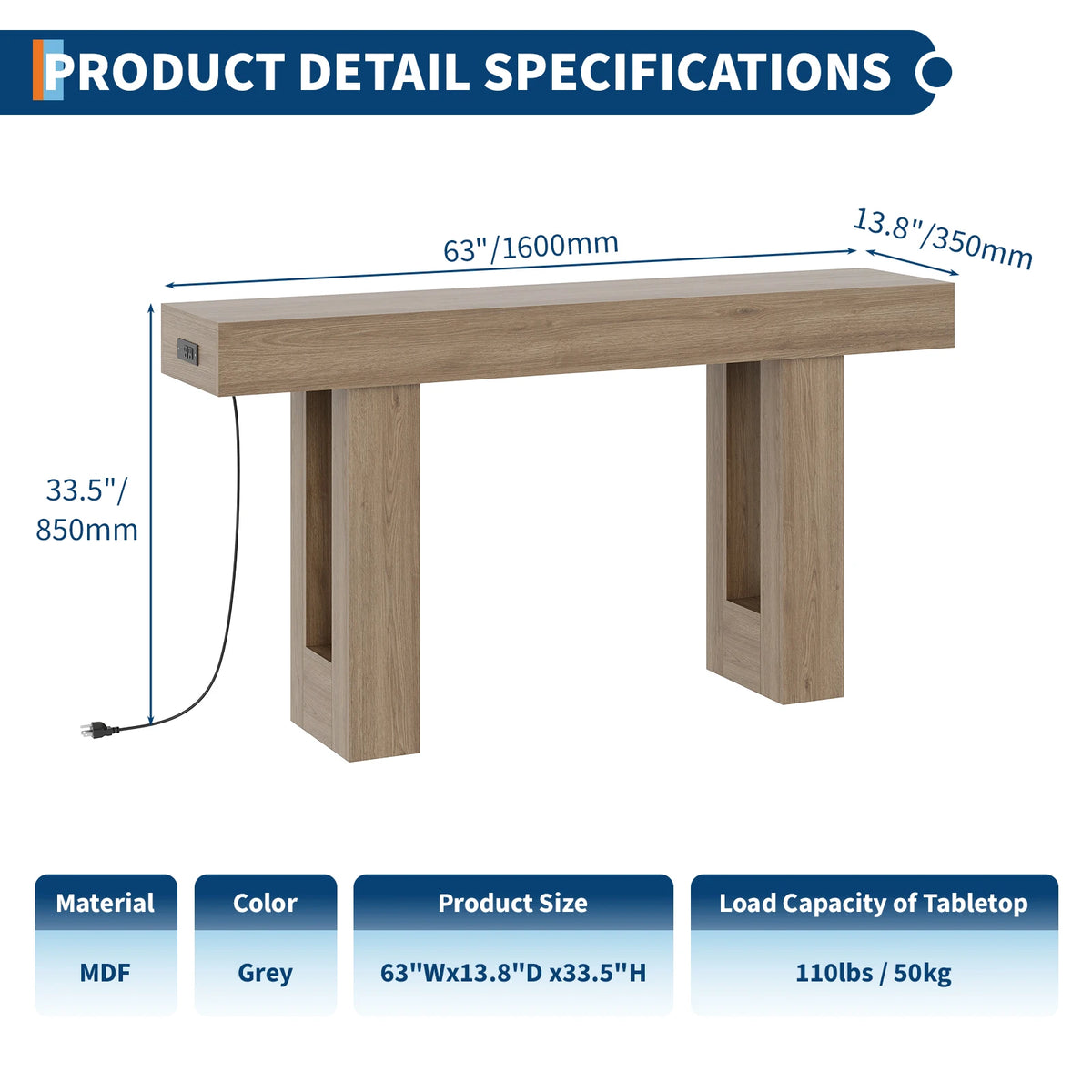 Farmhouse console table with built-in power outlet