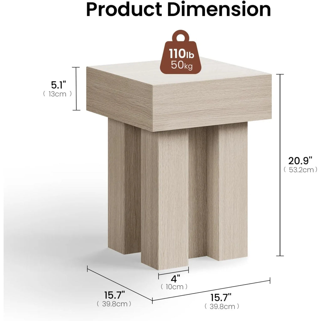Square pedestal wood end table in modern oak design