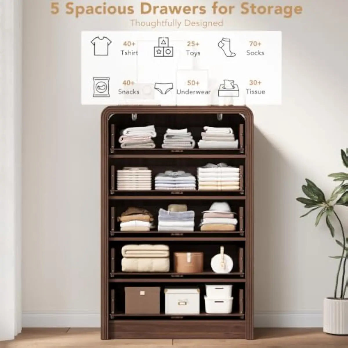 48" Fluted 5-Drawer Dresser — Walnut Bedroom Chest
