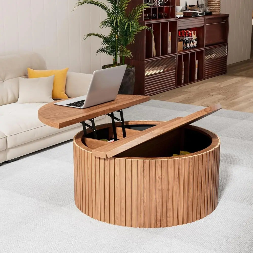 Fluted round coffee table with wood drum base and storage