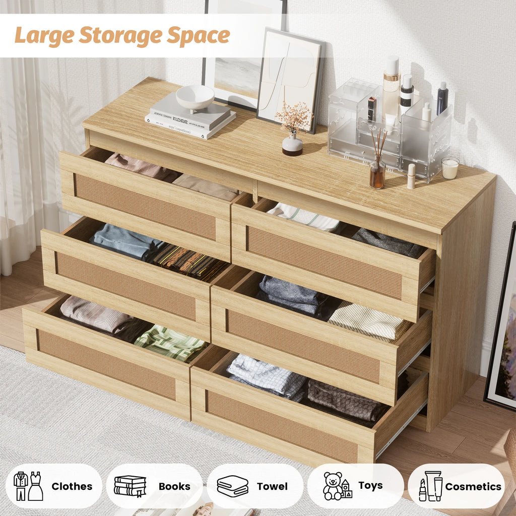Rattan 6-Drawer Dresser — 47" Slim Bedroom Chest