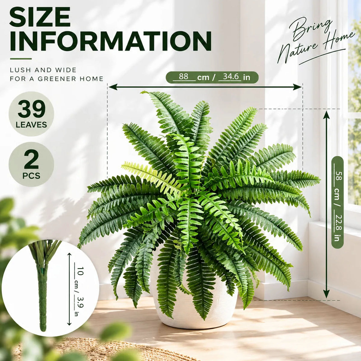 2 Pack Artificial Boston Fern, 39 Fronds UV Resistant Fake Fern Plant, Faux Greenery for Front Porch Patio Indoor Outdoor Home Garden Decor-Pot Not Included — feature detail