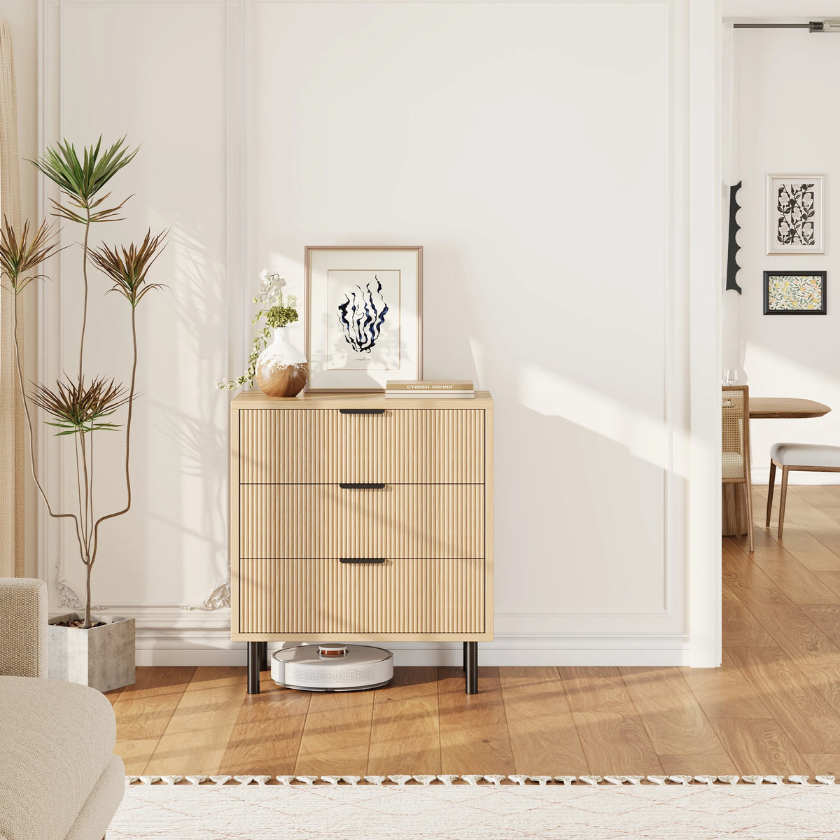 Fluted 3-Drawer Dresser — Modern Wood Bedroom Chest