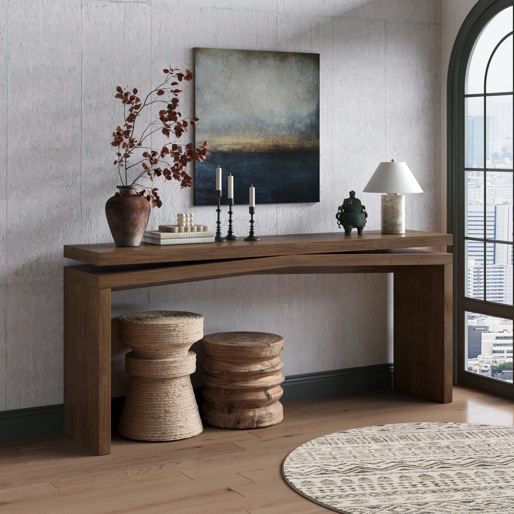 Rustic wood veneer console table in antique rustic brown finish