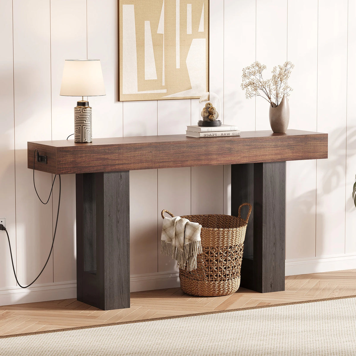 Farmhouse console table with built-in power outlet
