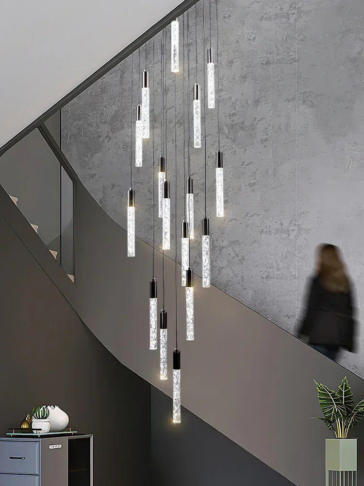 Minimalist cylindrical crystal staircase chandelier