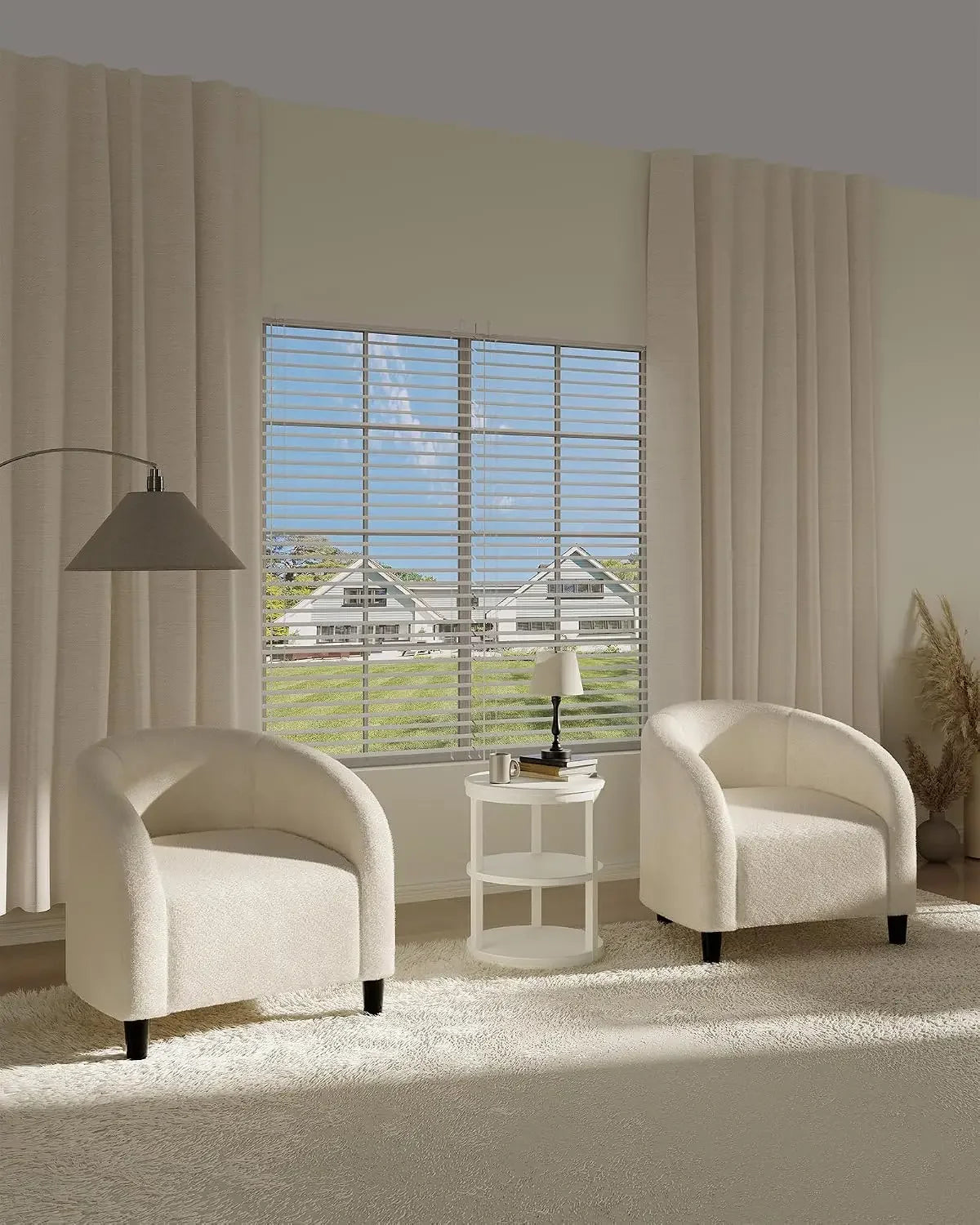 Beige boucle barrel accent chair — finish detail