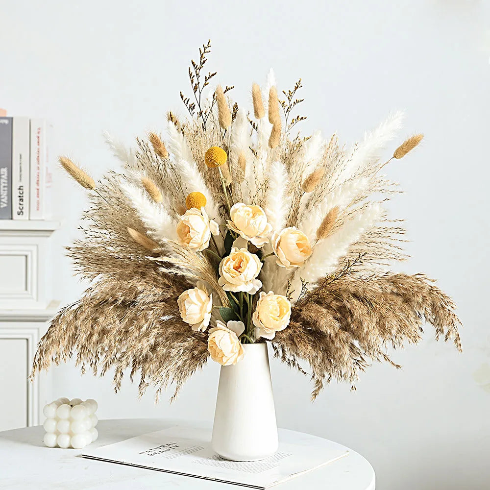 Faux Peony & Pampas Mix Bouquet — Dried-Look Boho Centerpiece