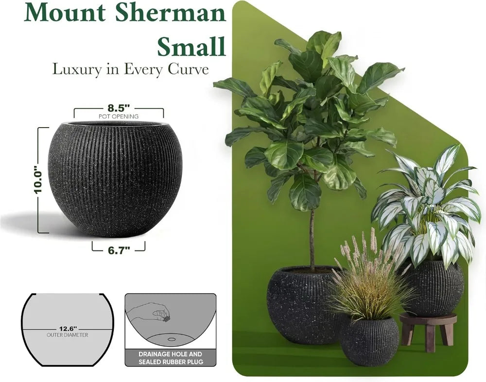 Fiberstone Sphere Planter — 12.6in D x 10in H, Ribbed Black