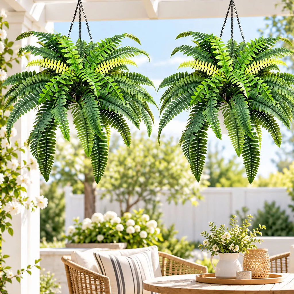 2 Pack Artificial Boston Fern, 39 Fronds UV Resistant Fake Fern Plant, Faux Greenery for Front Porch Patio Indoor Outdoor Home Garden Decor-Pot Not Included — image 9