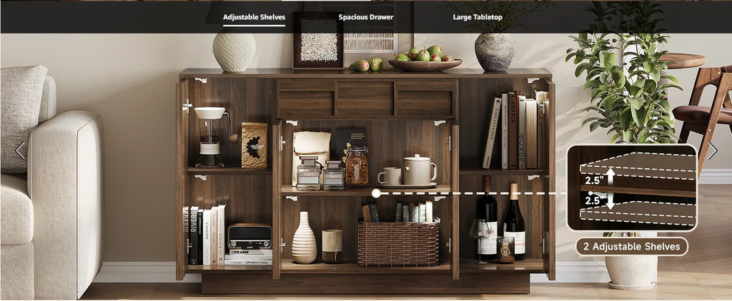 ONBRILL 55" Walnut Sideboard Buffet Cabinet with LED Lights
