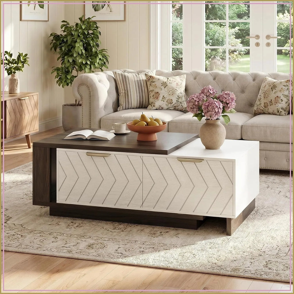 Extendable wood coffee table with storage drawers and open shelf