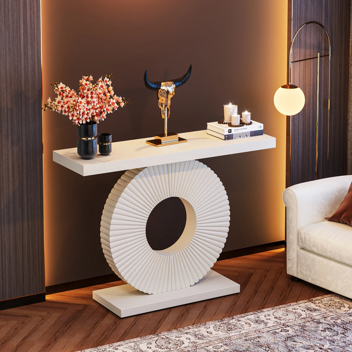 Wood console table with geometric base — alternate product view