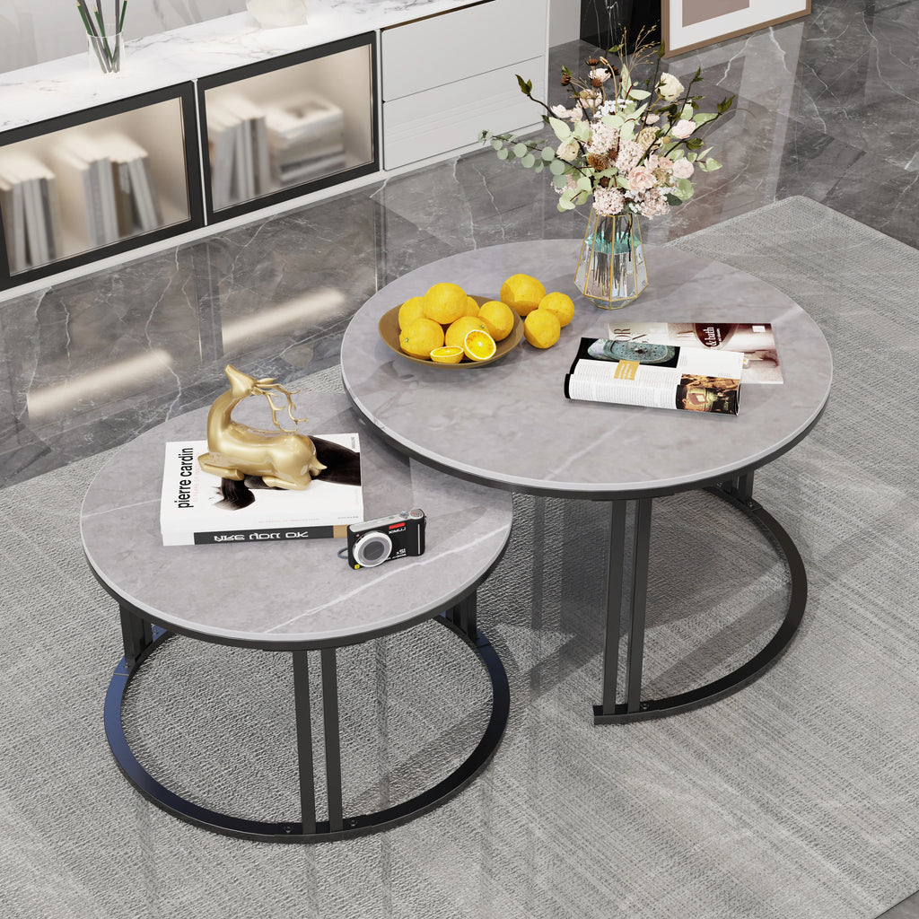 Nesting Coffee Table Set of 2 — 27.5" Round Stone-Top