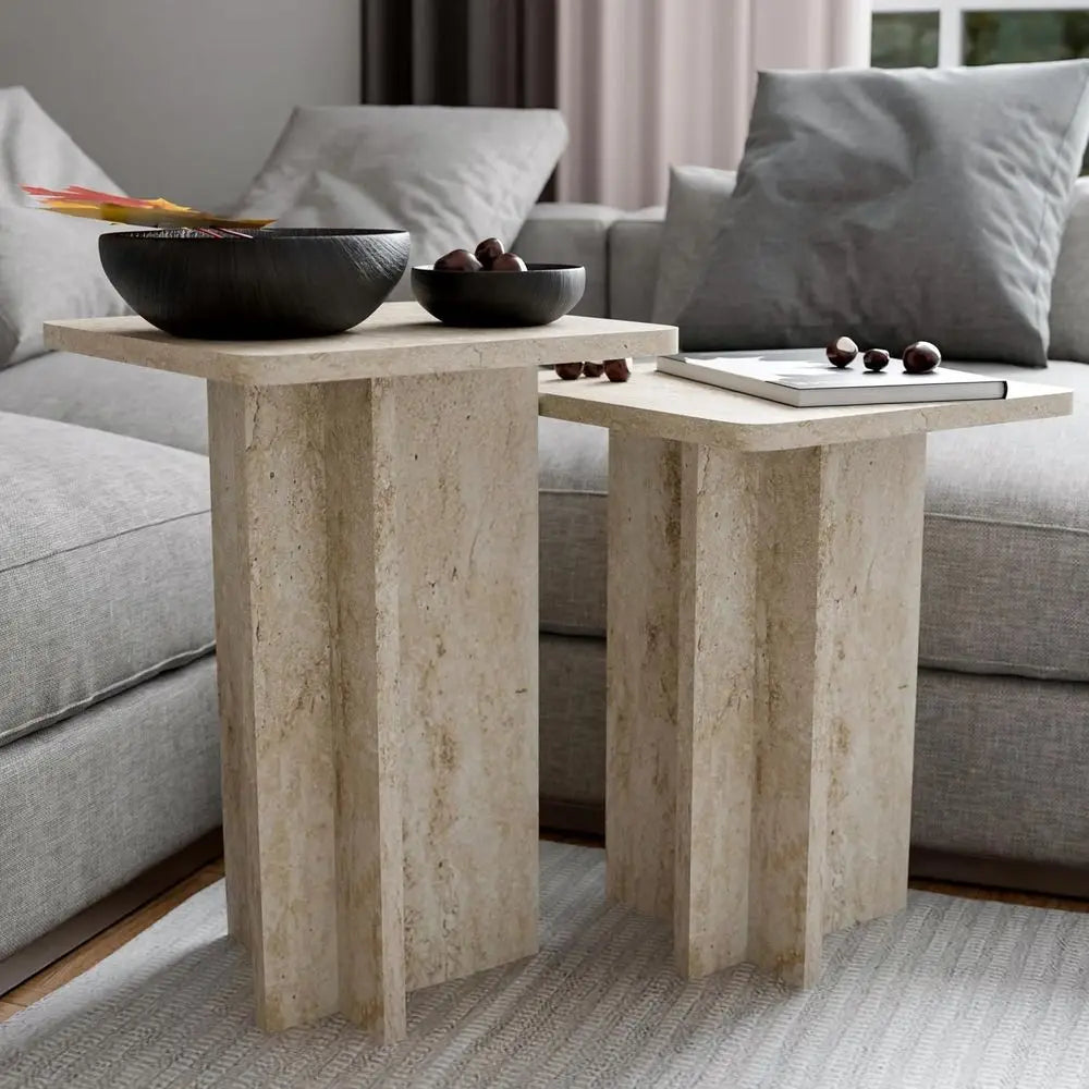 Travertine square nesting table set for living room