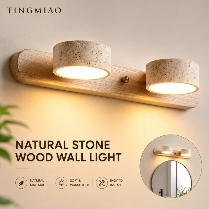 Rotatable limestone LED wall lamp with double-sided vanity mirror light