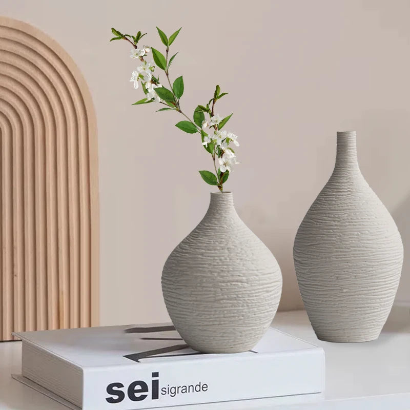 Narrow-Mouth Nordic Ceramic Vase — Beige & Grey