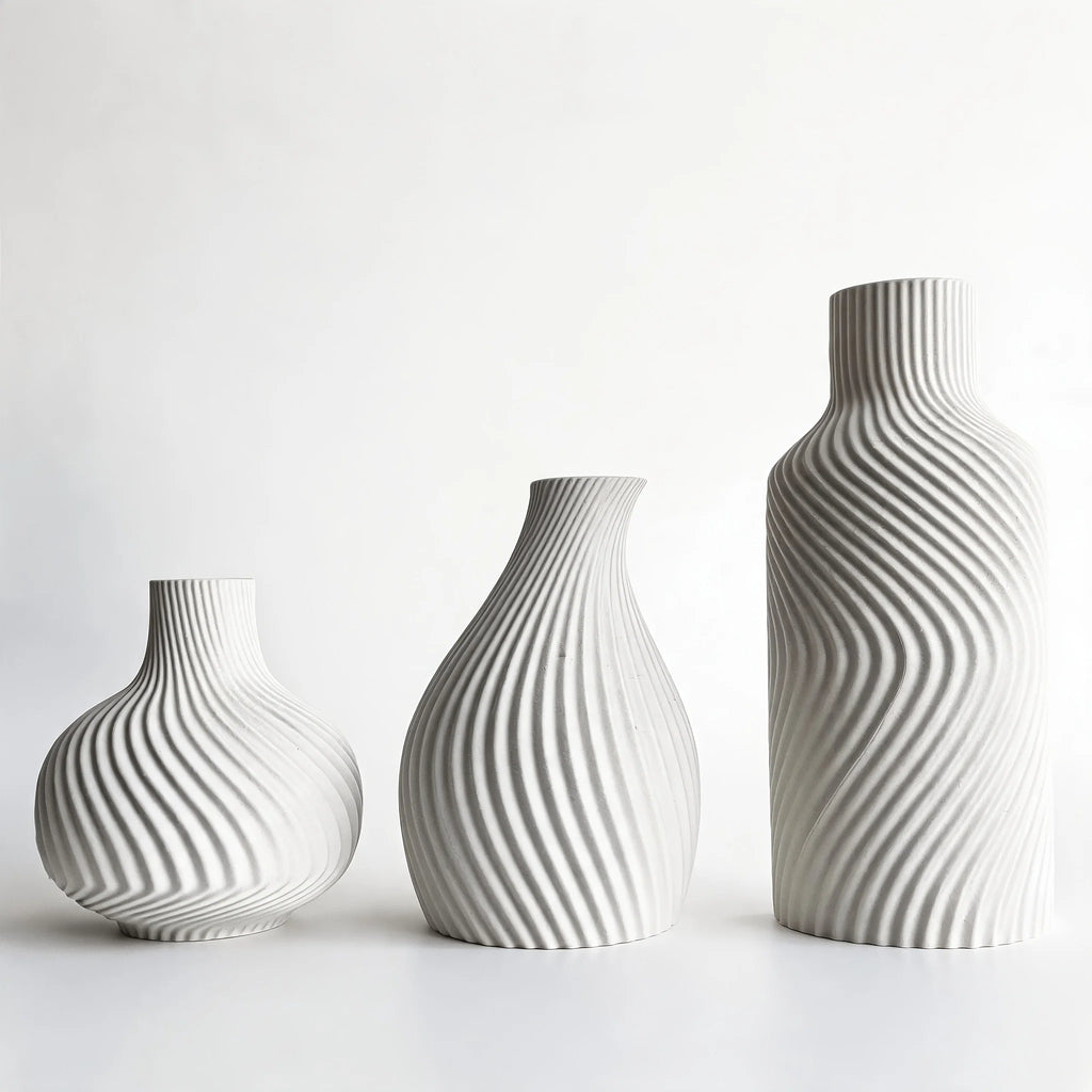 Wavy Swirl 3-Piece Vase Set — Matte Beige