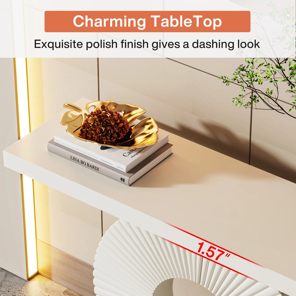 Wood console table with geometric base — close-up design detail