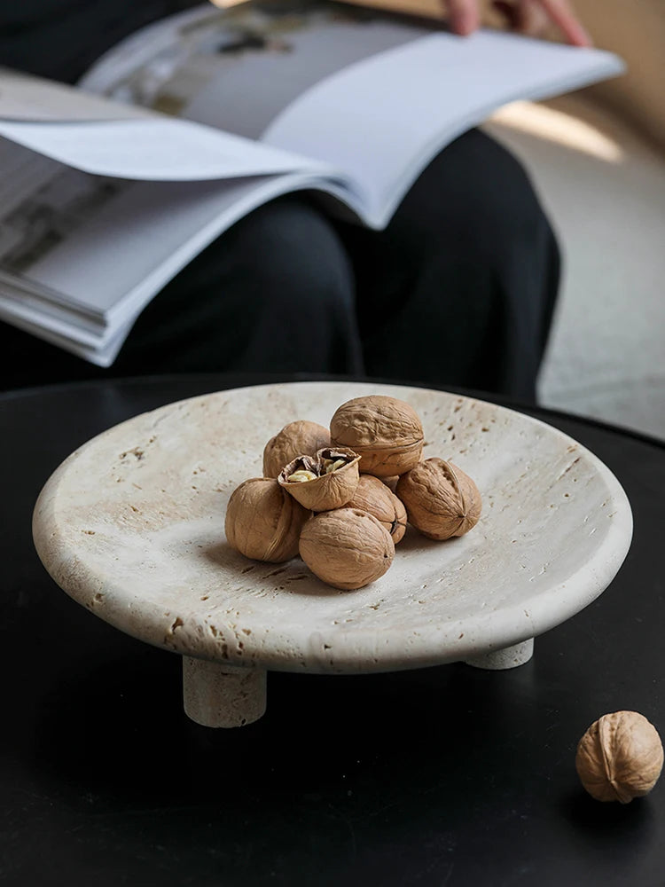 Travertine Reception Tray — Three-Leg Fruit Bowl, 9.6"