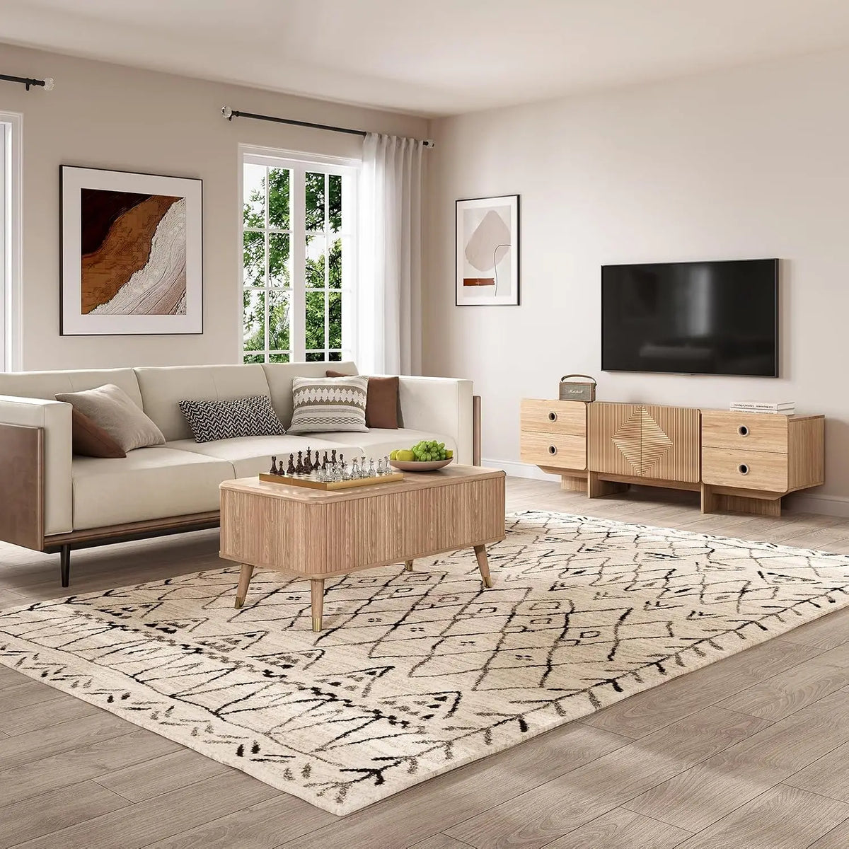 Lift-top fluted coffee table with hidden storage compartments