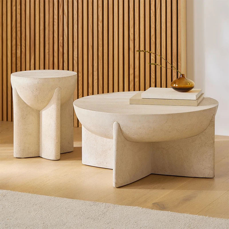 Outdoor Cream Stone Side Table - Weatherproof Modern