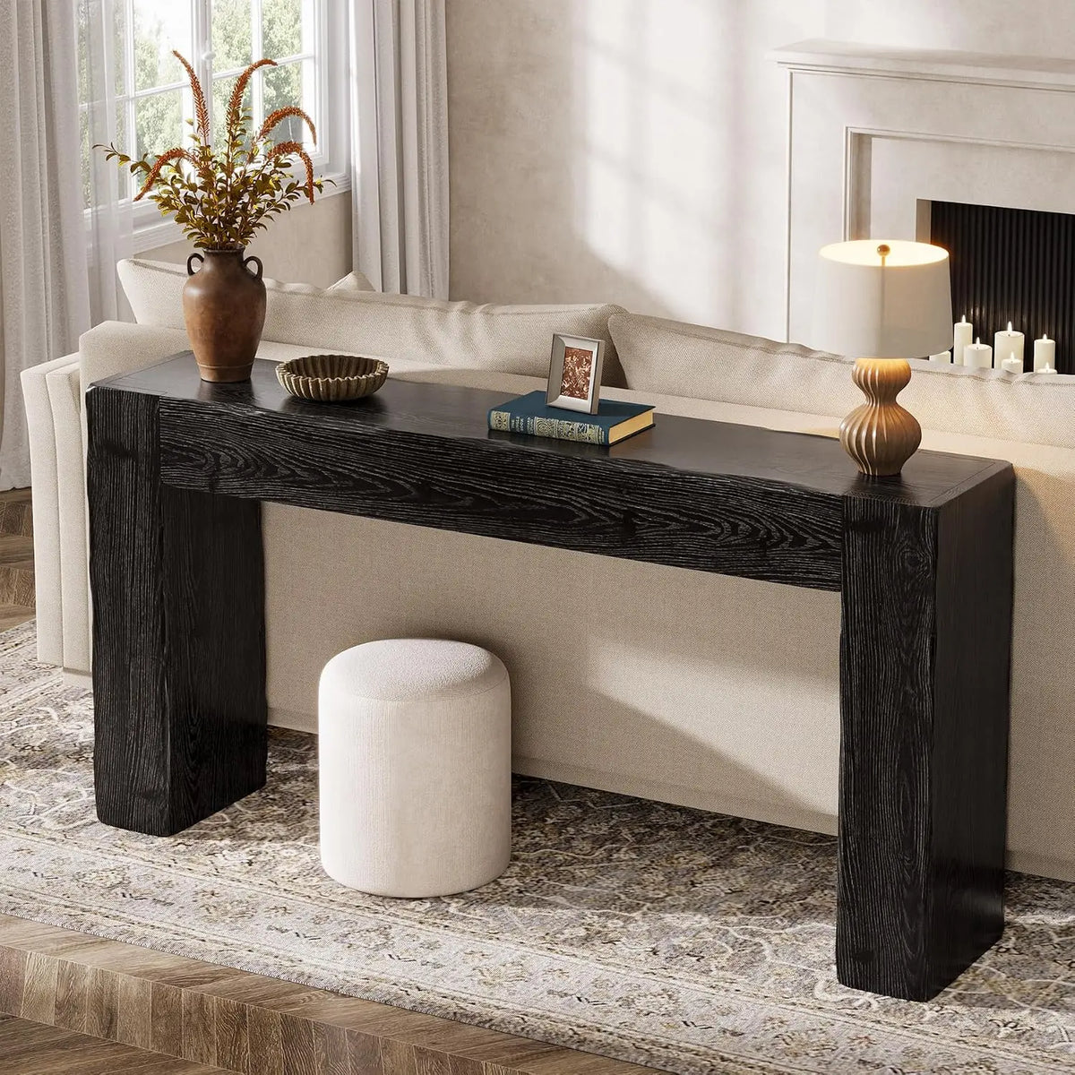 Solid wood console table in black farmhouse silhouette