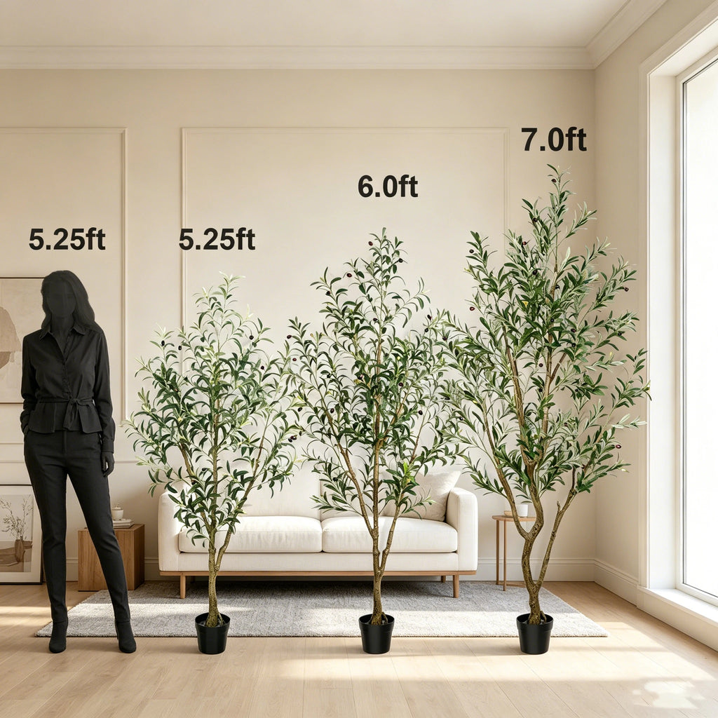 Olive Trees Artificial Indoor, 5.25/6.10/7.10FT Tall Faux Olive Tree with Black Pot, Artificial Plants with Natural Wood Trunk and Lifelike Fruits for Home Office Decor — detail view
