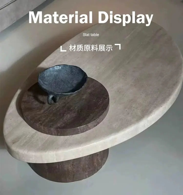 Beige marble coffee table — side detail view