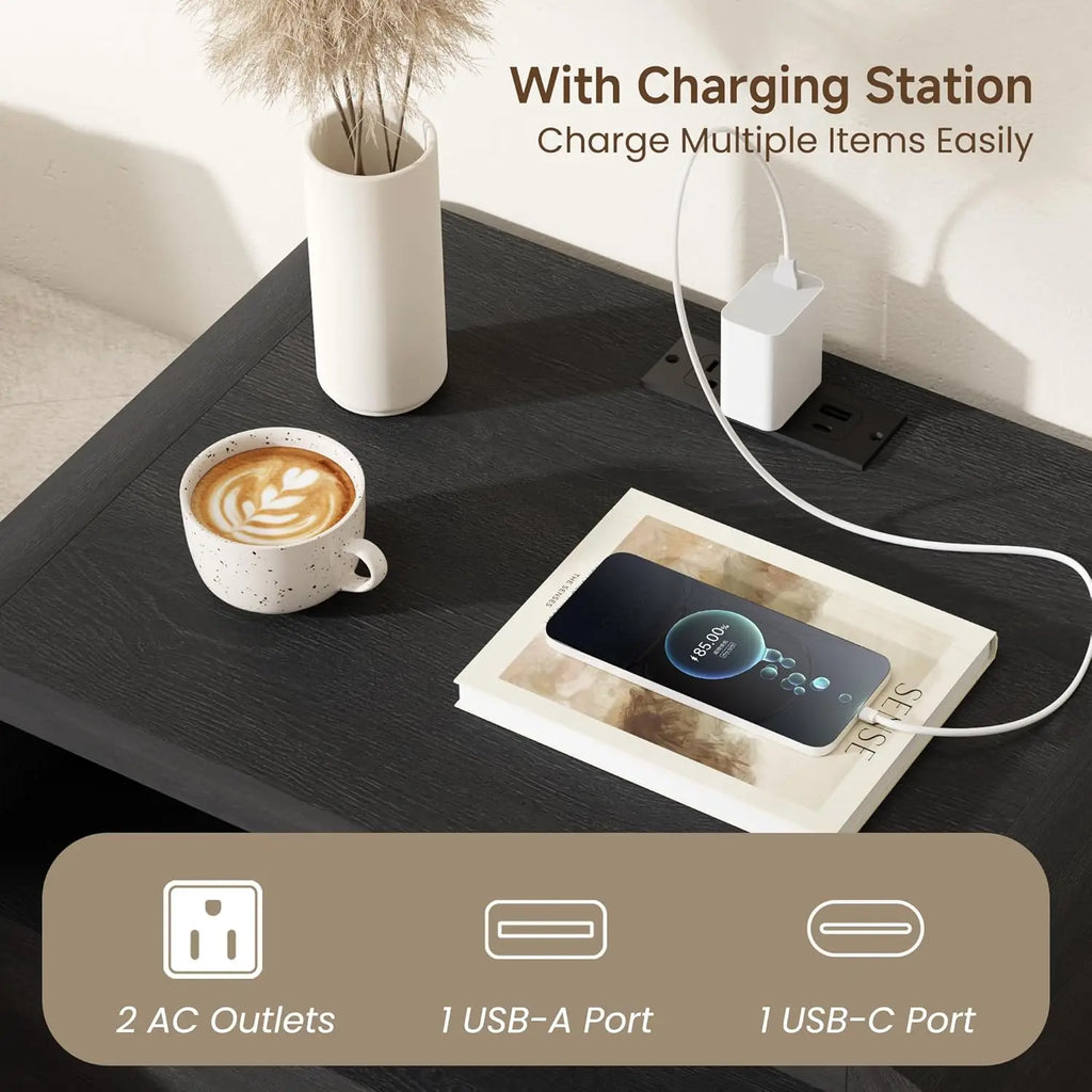 Curved Nightstand Set of 2 with Charging Station, 24"