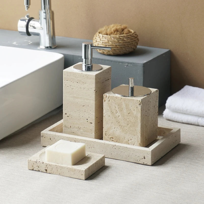 Travertine Bathroom Accessory Set — Vanity Tray & Diffuser, 9-Piece