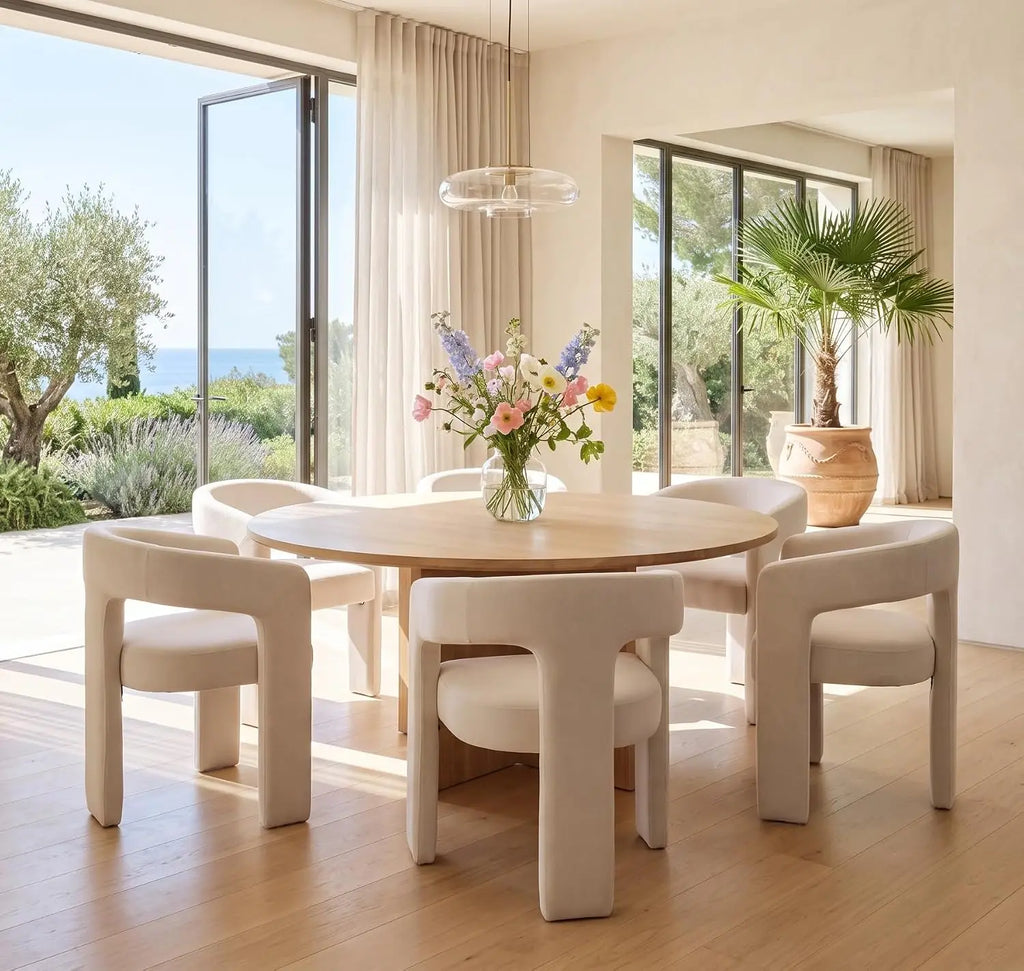 Modern linen-upholstered barrel dining chair with arms