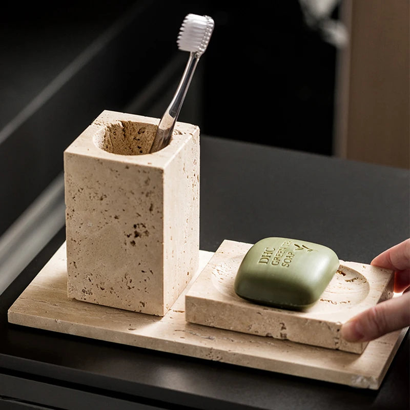 Beige Travertine Bathroom Accessory Set — 9-Piece