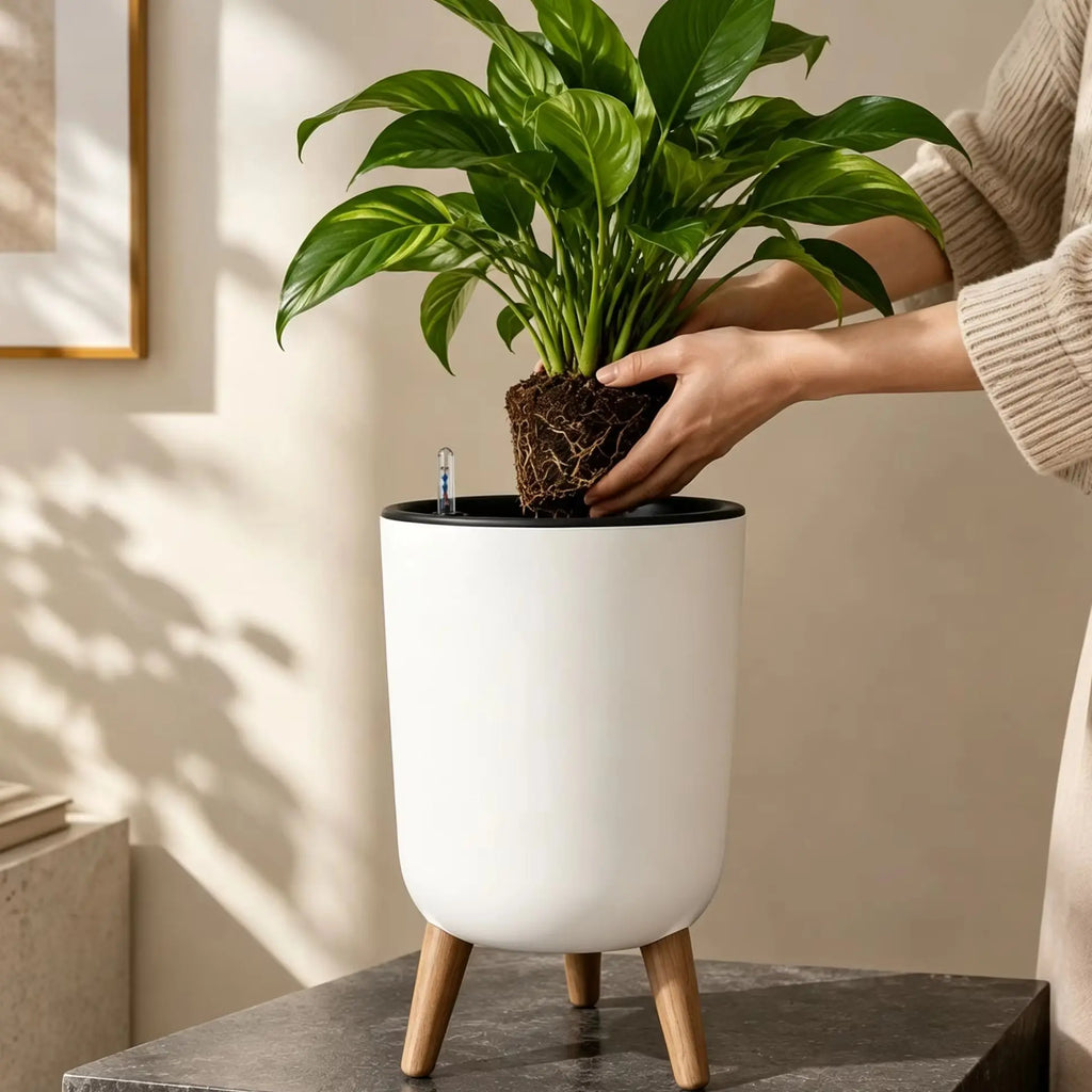 Self-Watering Floor Planter with Stand — White, Water Level Gauge