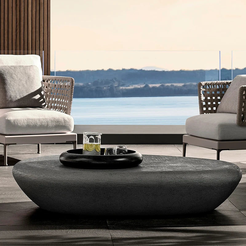Italian Oval Stone Coffee Table - Minimalist Industrial