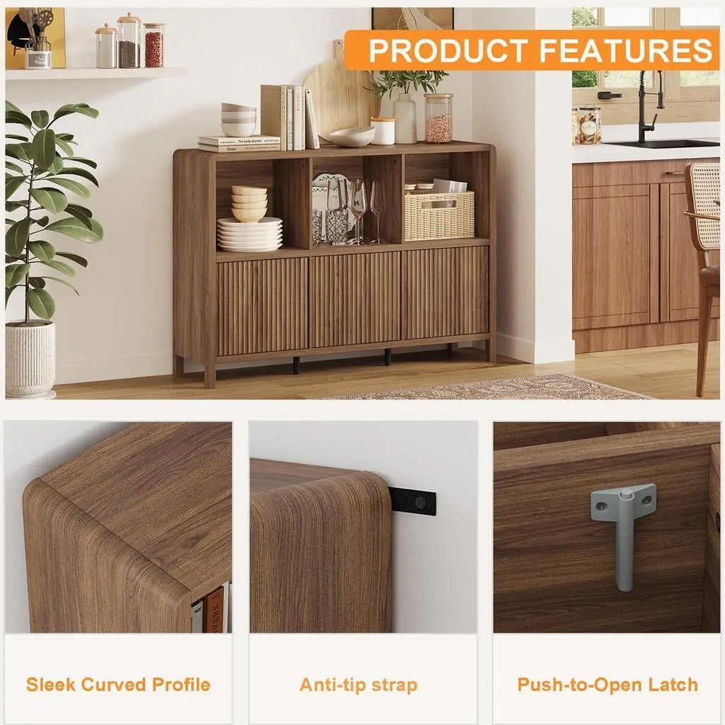Three-door wood bookcase with cube storage in walnut finish