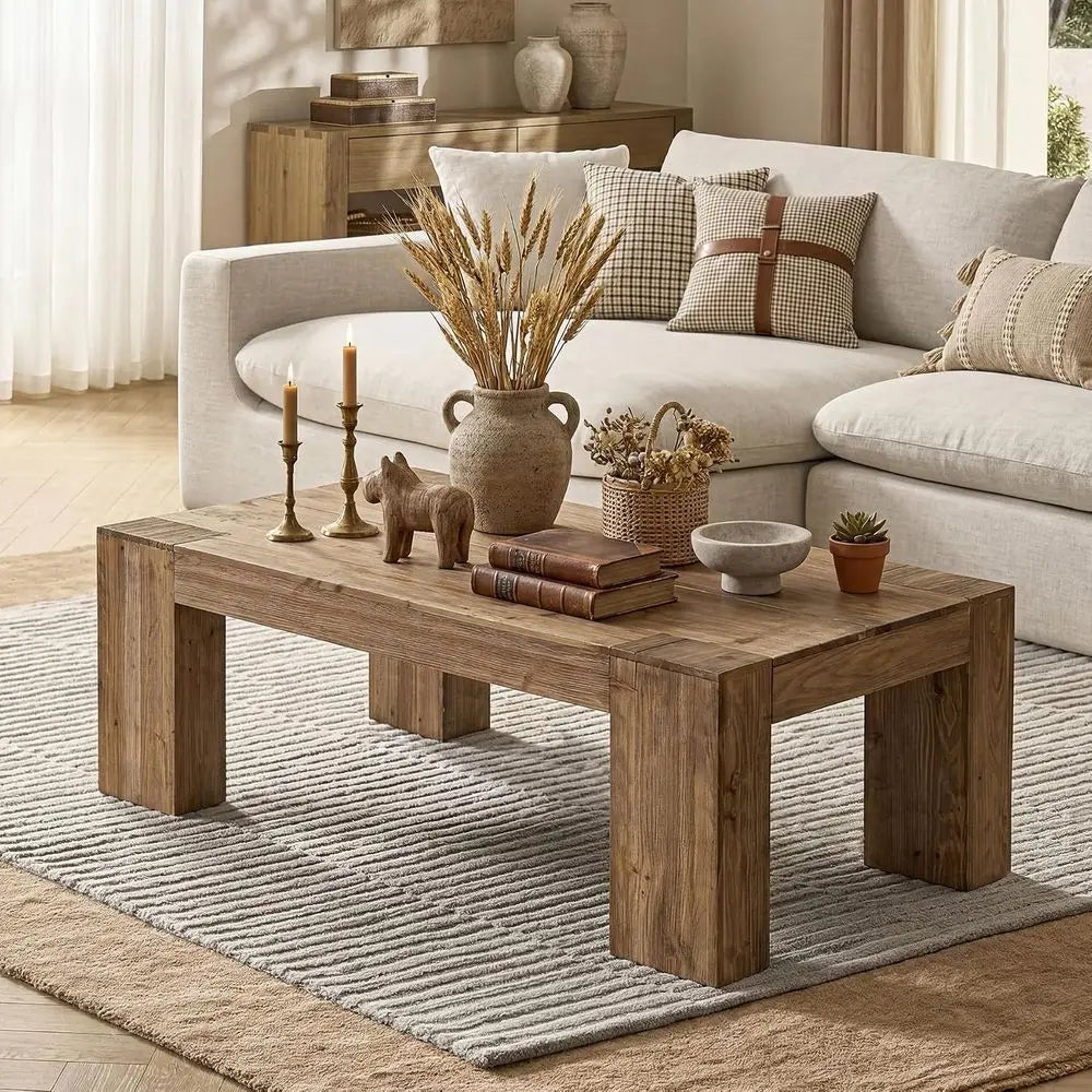 Sturdy wooden coffee table with thick legs in brown finish