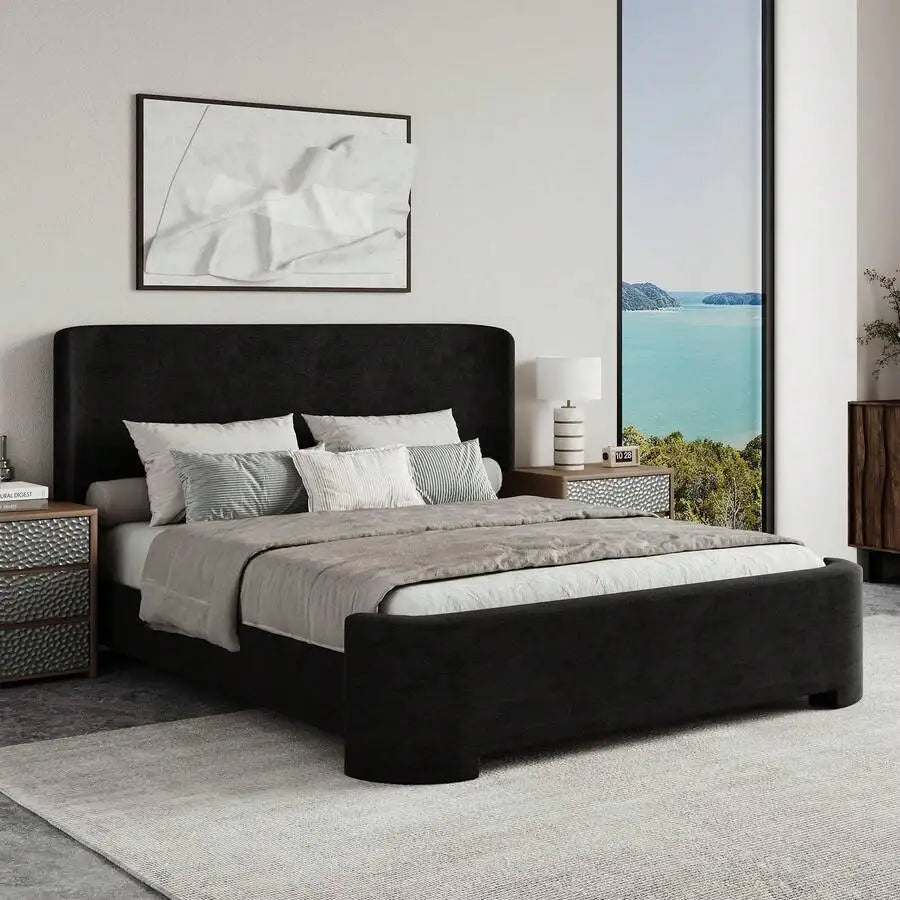Upholstered wingback platform bed — alternate angle