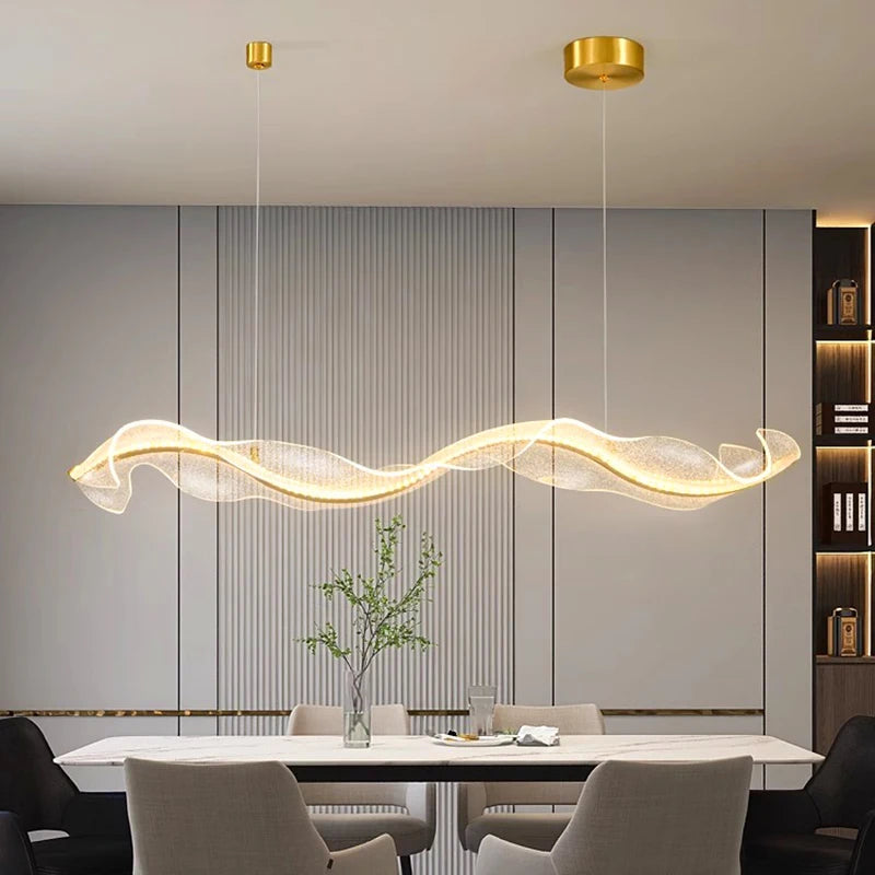 Organic Wave LED Pendant — Brass & Marble Statement Light