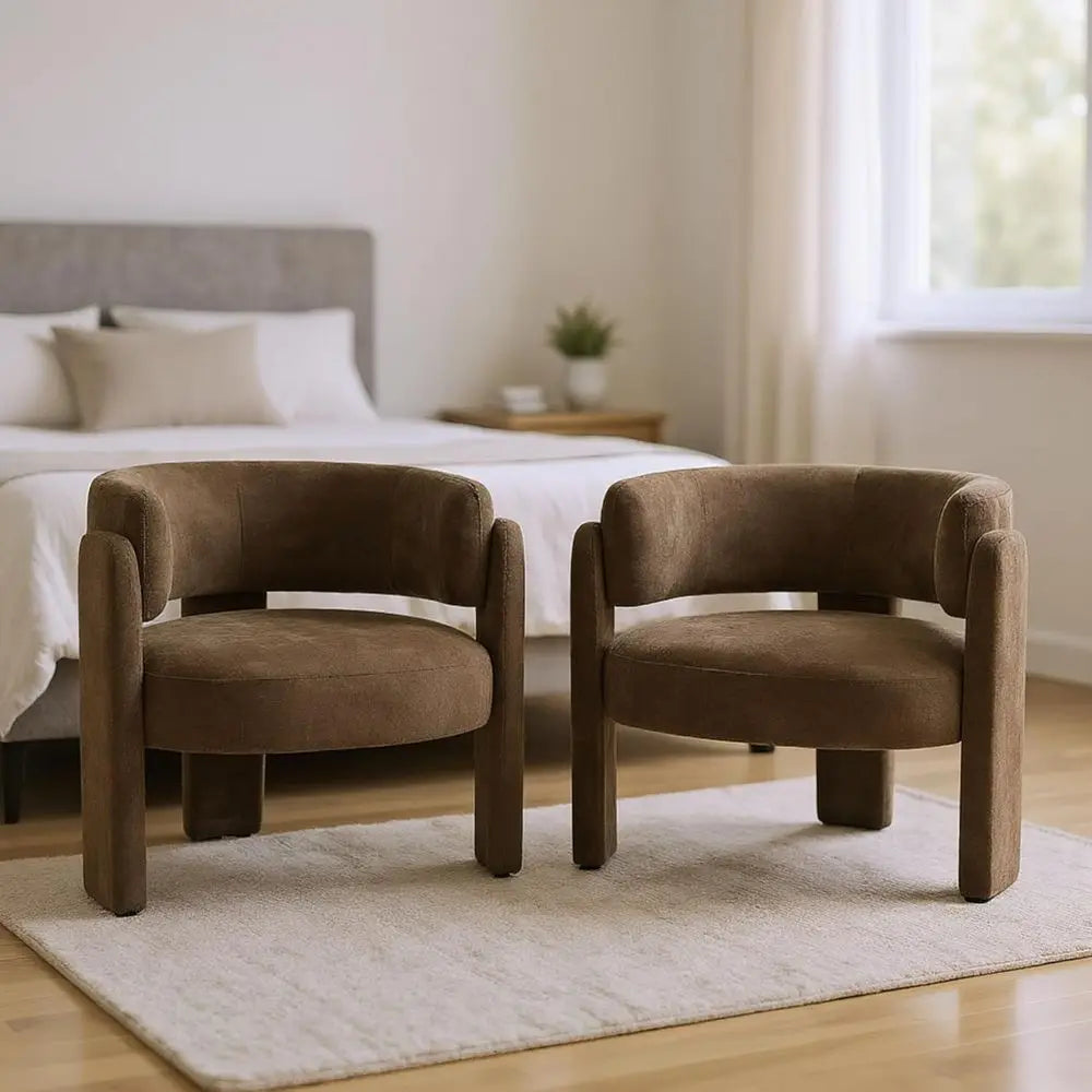 Brown Curved-Back Armchair — 3-Leg Reading Chair (Set of 2)