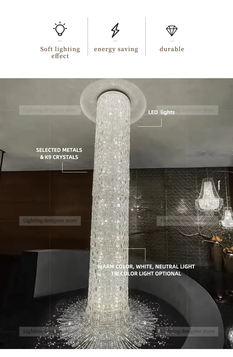 Crystal spiral staircase chandelier with long drop for high ceilings