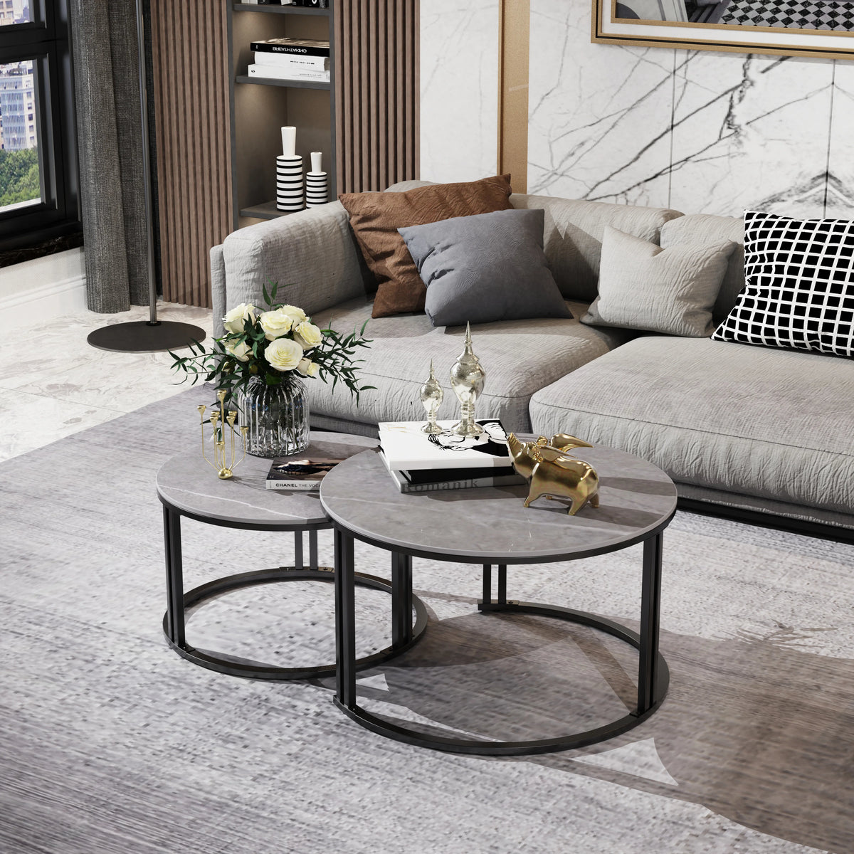 Nesting Coffee Table Set of 2 — 27.5" Round Stone-Top