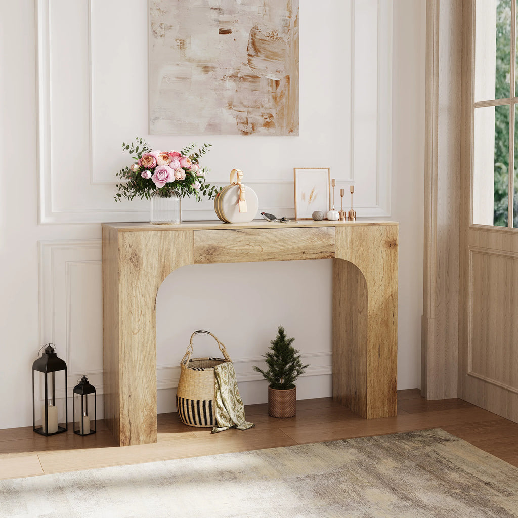 Wooden console table with drawer and industrial farmhouse styling