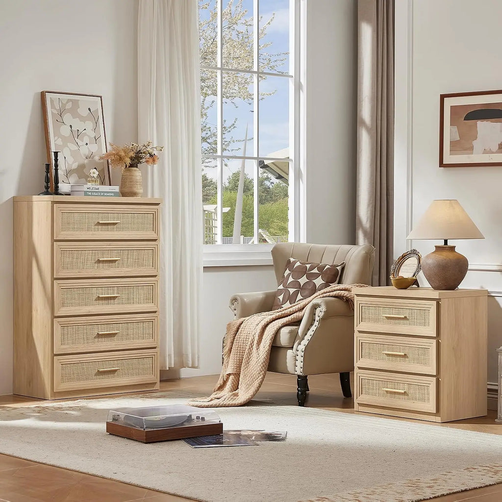 Rattan 5-Drawer Dresser — 45" Tall with Gold Handles