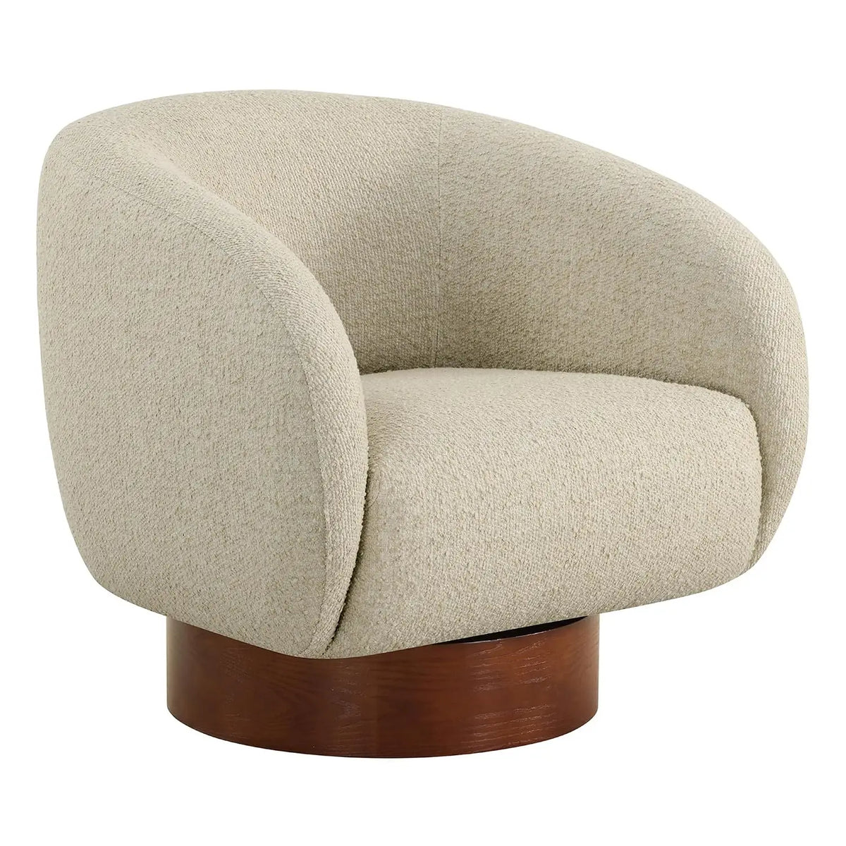 Oatmeal Boucle Swivel Accent Chair — Wood Base Armchair