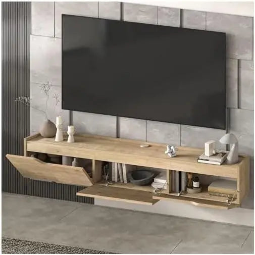 Floating wall-mounted TV stand with cable management in oak and white