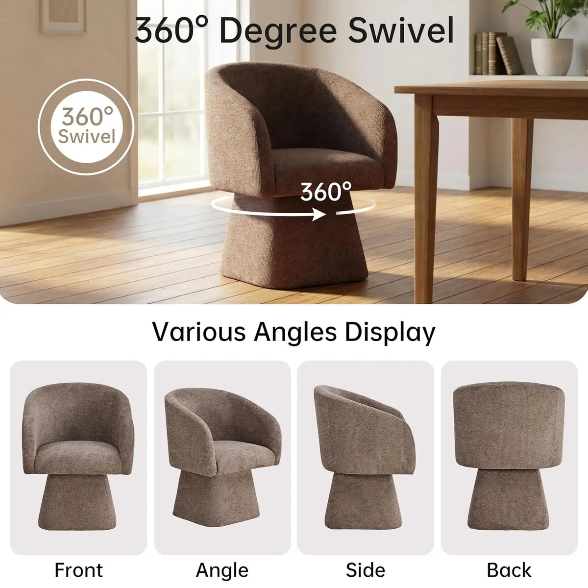 Upholstered swivel dining chair with barrel back and arms