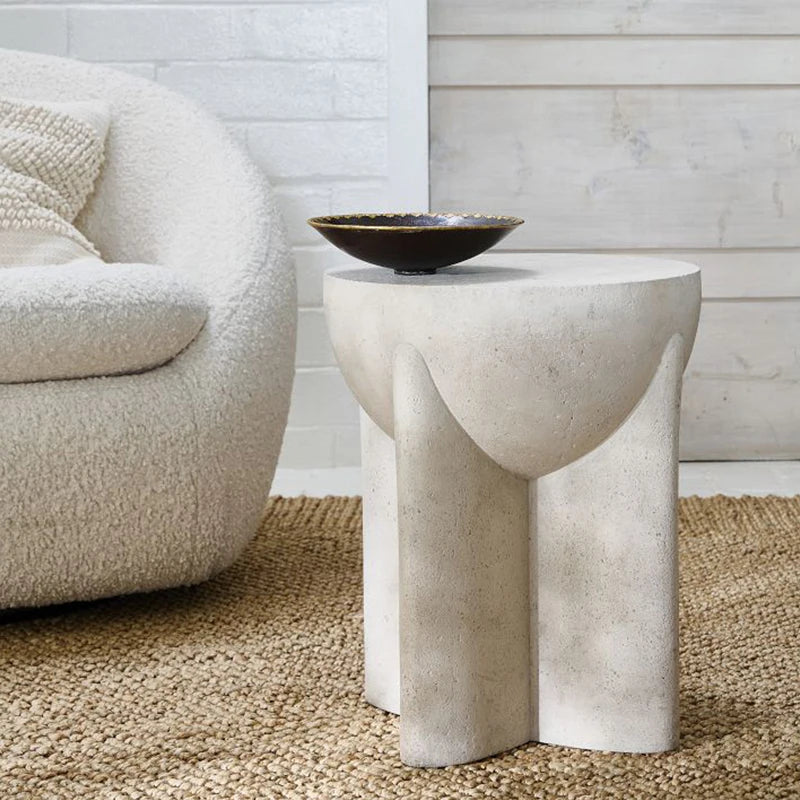 Outdoor Cream Stone Side Table - Weatherproof Modern